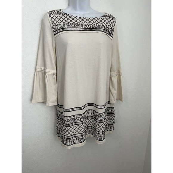J Jill Embroidered Tunic Top Blouse Cream & Black 3/4 Bell Sleeve Small … - Picture 1 of 7